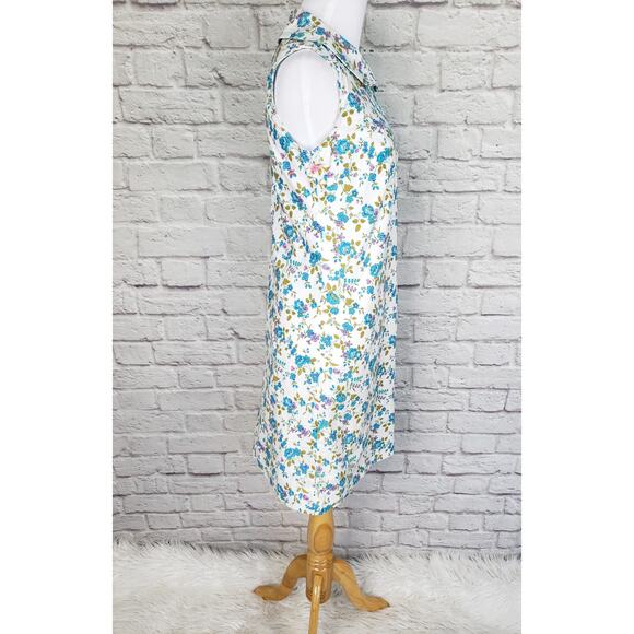 Vintage 1970s Sheath Dress Blue Floral Peterpan Collar Shirred Neckline Fits XS - Picture 7 of 13